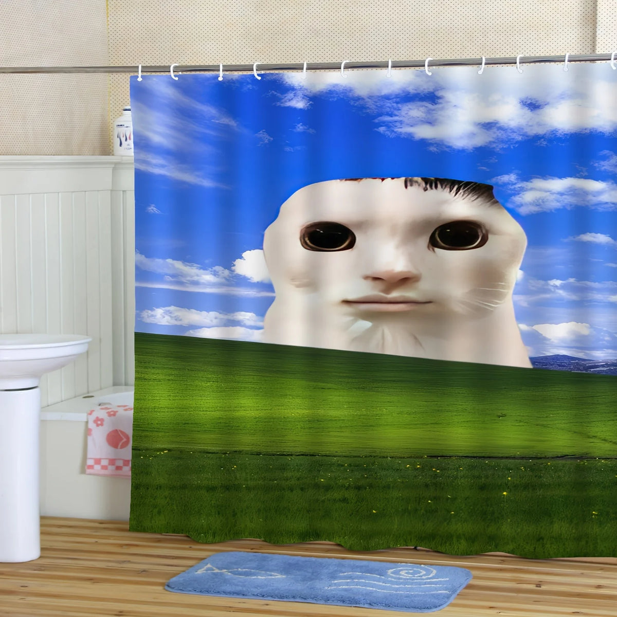 rideau douche polyester paysage ciel bleu nuages prairie moderne visage humain opacité 180x180cm machine