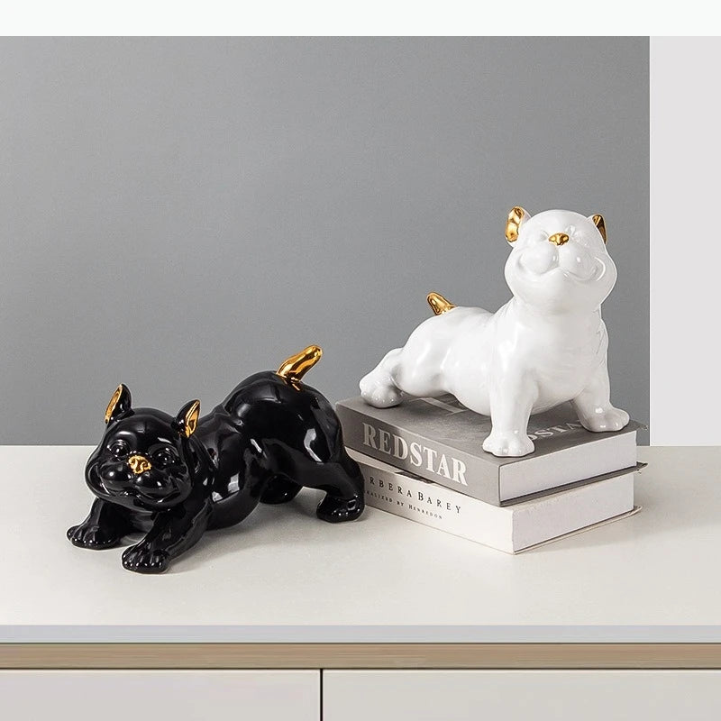 figurine chien bouledogue français noir blanc détails dorés lisse brillante moderne décorative