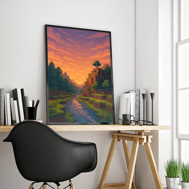 toile d'art pixel paysage nuages montagnes rivière arbres arc ciel moderne aquarelle vert bleu