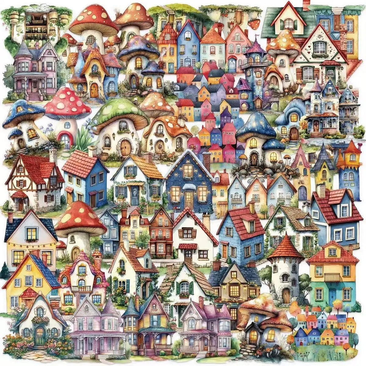 puzzle fantaisiste maison champignons multicolore aquarelle artistique enfants conte fées educatif jouet éducatif