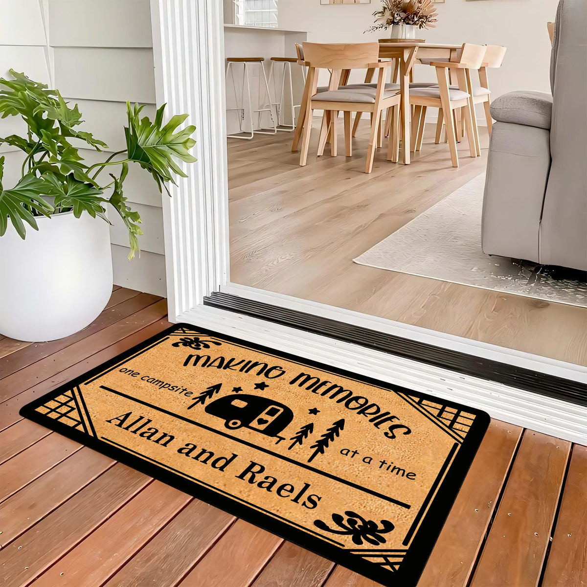 tapis d'entrée imperméable antidérapant marron clair motif camper arbres étoiles personnalisé résistant rides