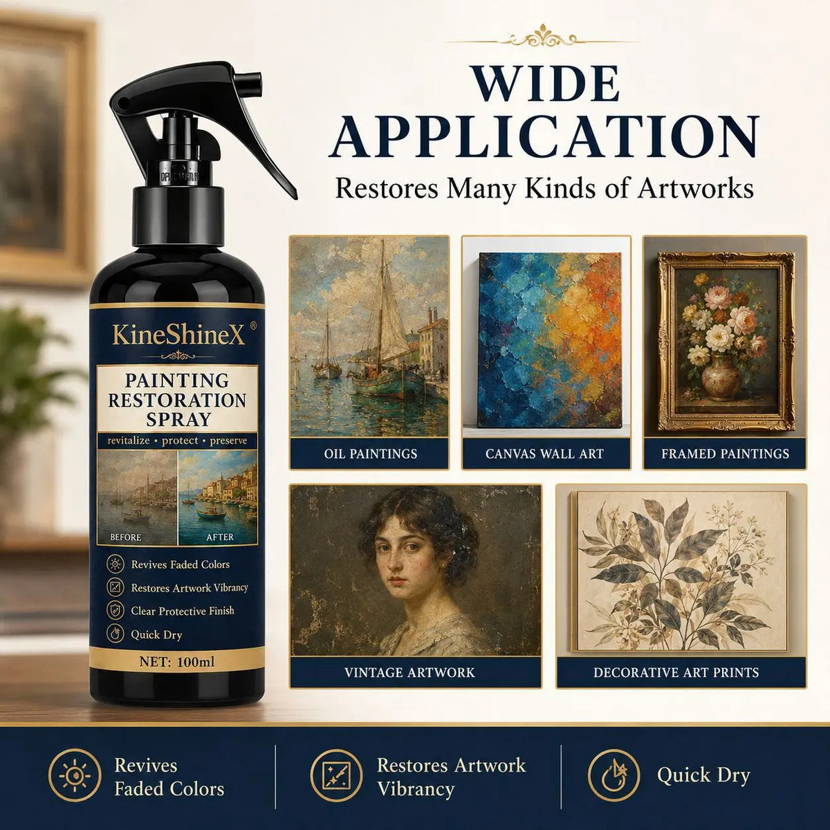 spray restauration peinture 100ml noir étiquette dorée contemporain rapide huile toile