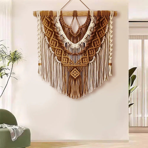 tapisserie macramé bohème coton beige crocheté franges bois décoration murale
