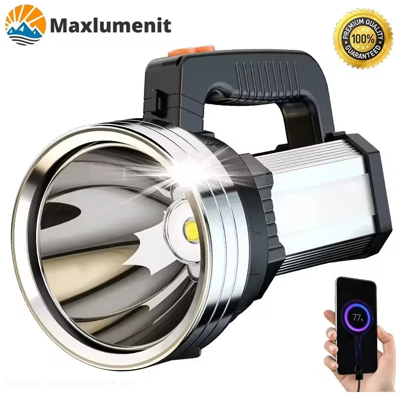 lampe torche rechargeable 100w led noire intense longue portée focale fixe moderne