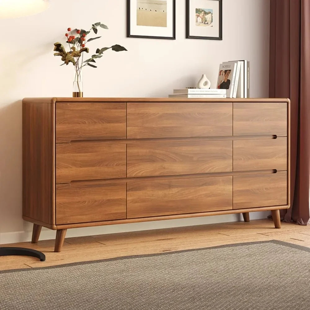 commode chêne foncé tiroirs modernes pieds bois poignées noires chambre salon