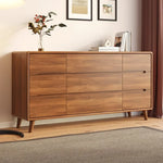 commode chêne foncé tiroirs modernes pieds bois poignées noires chambre salon