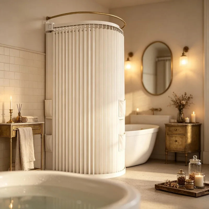 rideau douche pliable moderne beige clair rayures verticales opacité aimants