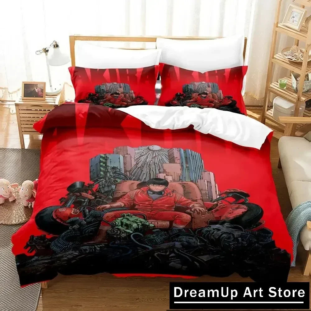 Parure de lit imprimée Akira bleue sur lit double