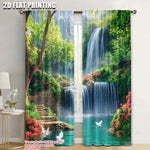 rideau vert bleu blanc moderne cascades arbres fleurs oiseaux opaques deux pièces polyester