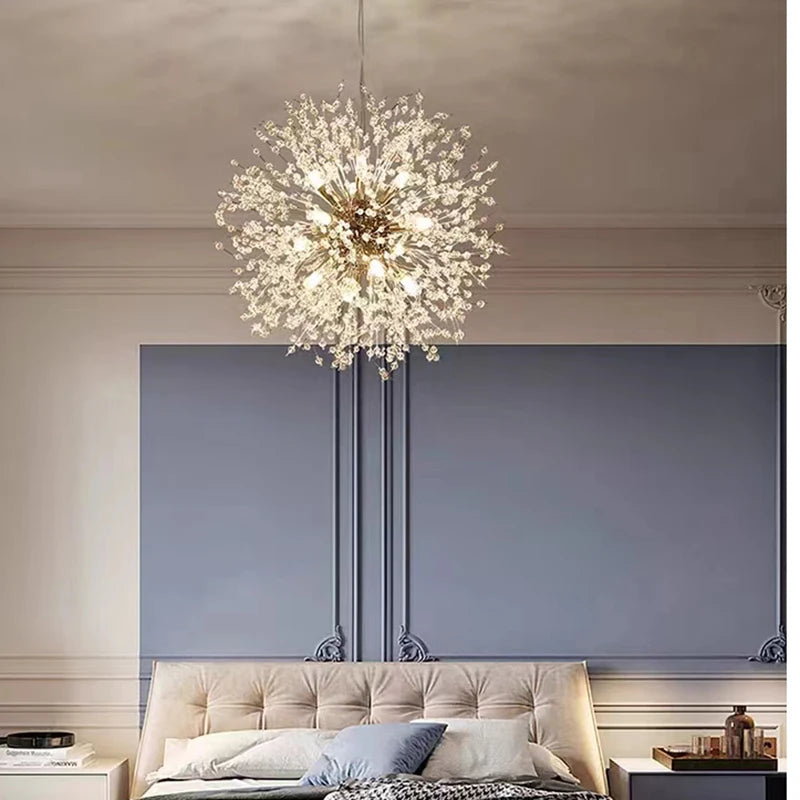 lustre suspension moderne cristal transparent doré luminaire salon restaurant élégant contemporain
