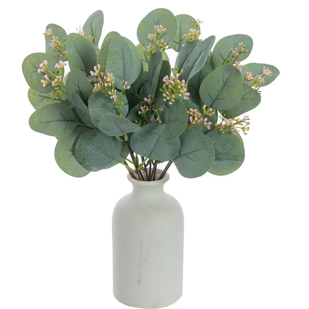 bouquet artificiel feuilles eucalyptus petites fleurs blanches vert blanc naturel minimaliste extérieur mariage halloween