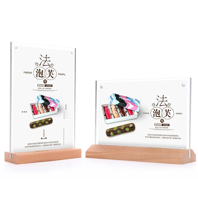 support carte table acrylique transparent base bois clips restaurant