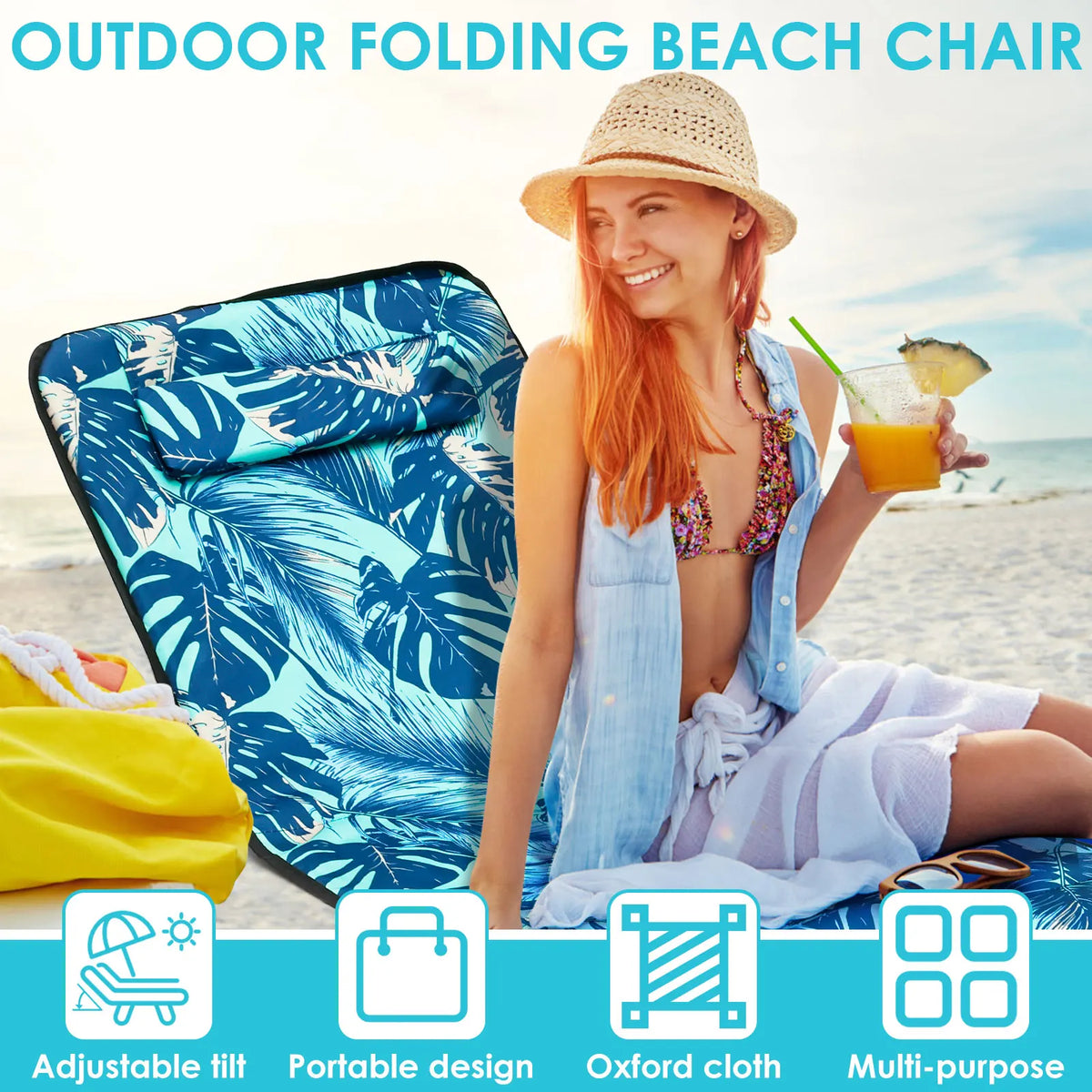 chaise plage pliante bleu vert feuilles tropicales moderne confortable sac transport