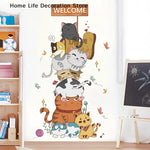 sticker mural multicolore dessin animé chats bienvenue fleurs papillons adhésif chambre enfant deco cartoon