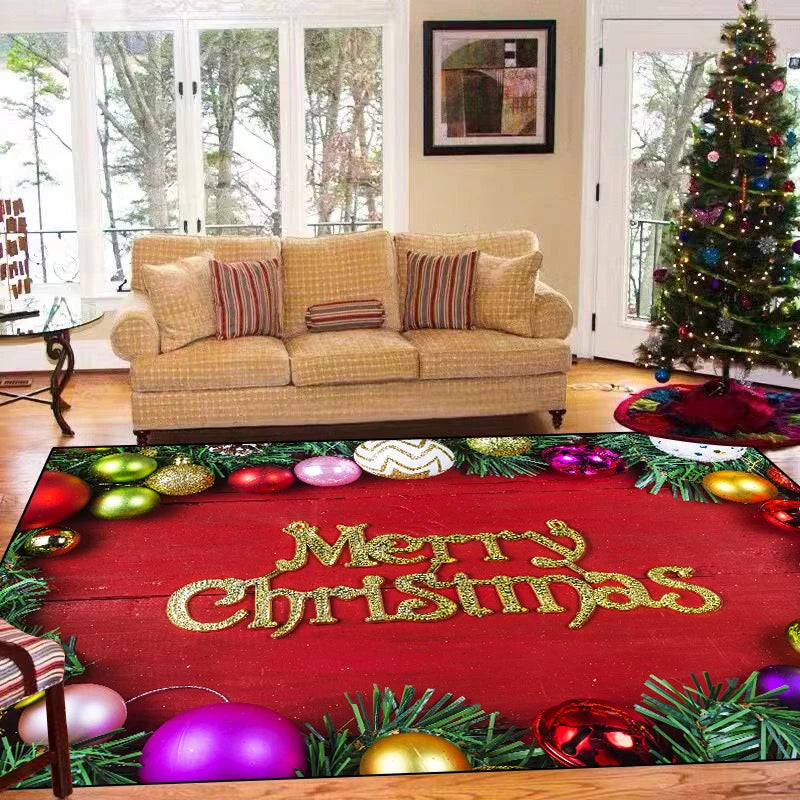Une décoration de Noël festive avec un arbre de Noël illuminé, des ornements colorés et un tapis rouge avec le texte "Merry Christmas" en lettres dorées.