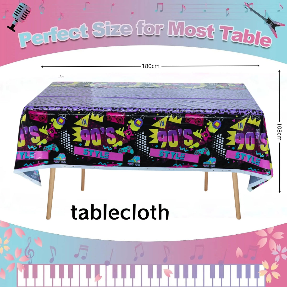 nappe festive années 80 90 guitares musiques danseurs cassettes audio table anniversaire disco rétro