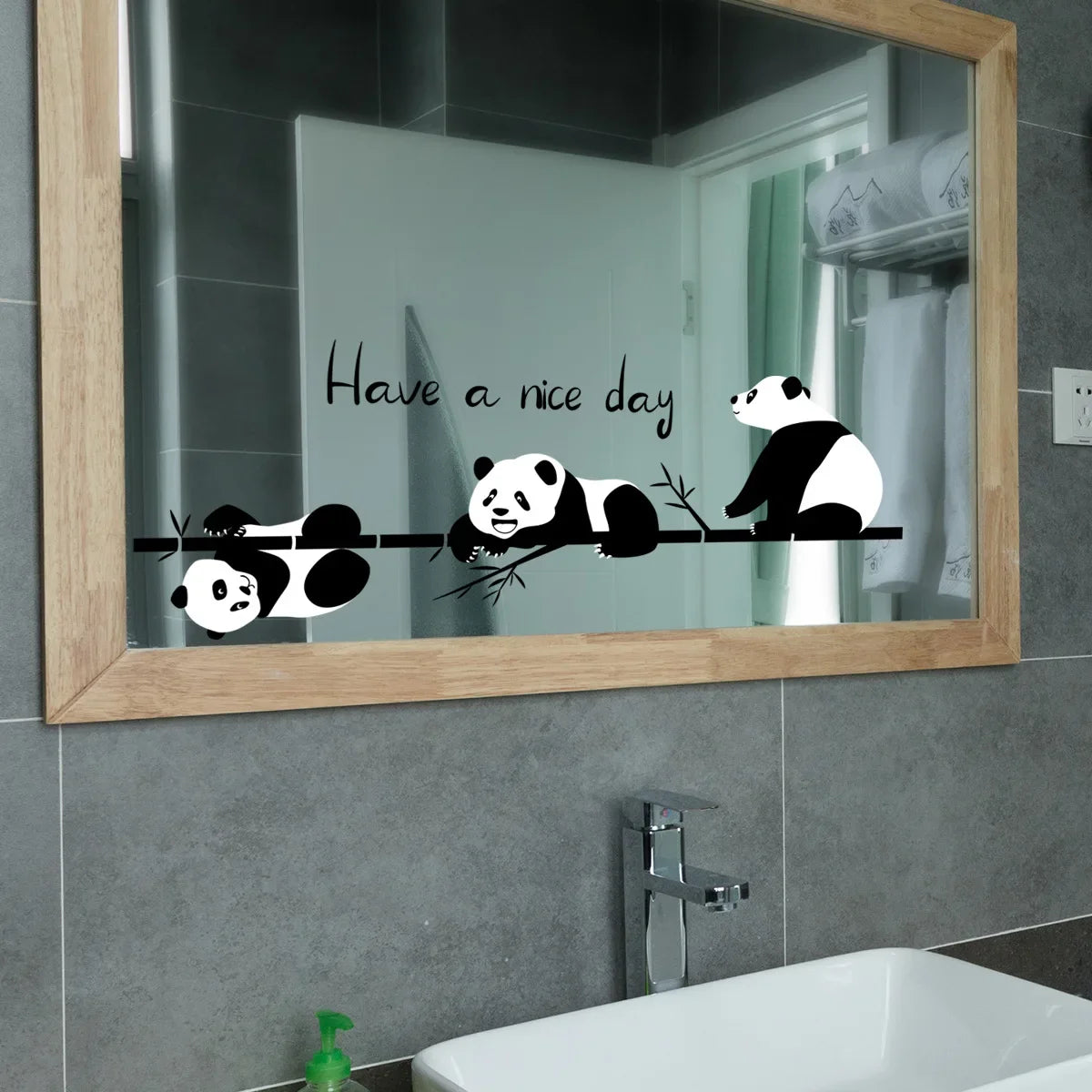 autocollant mural illustration pandas dessin animé have nice day noir blanc