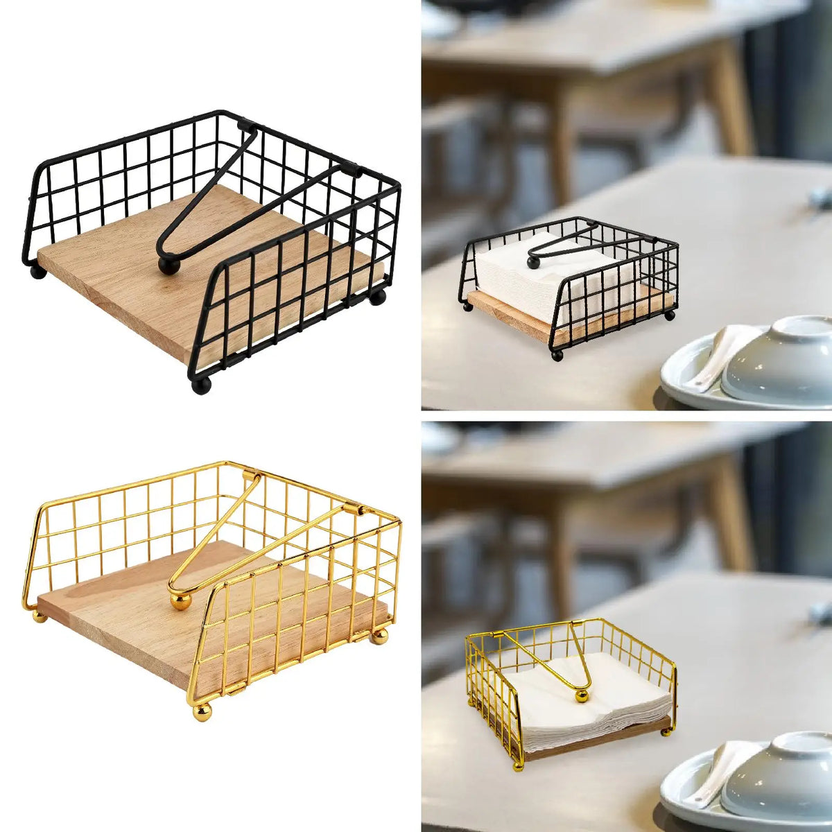 porte serviettes moderne noir doré base bois clair rangement table serviettes papier couverts moderne