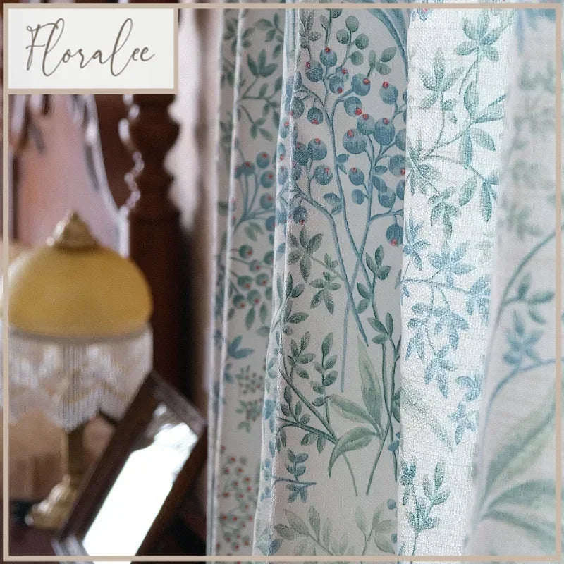 rideau fenêtre polyester motifs fleurs feuilles classique blanc vert bleu rouge translucent intégré salon