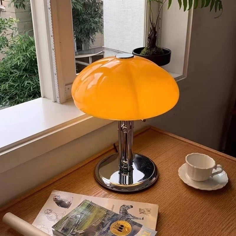 lampe table moderne champignon cristal orange socle métallique interrupteur bouton led opacité chambre coucher