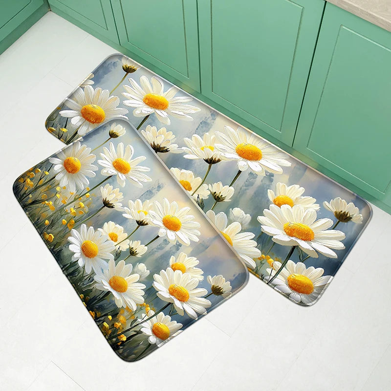 tapis sol antidérapant fleurs colorées moderne vert foncé bleu clair blanc absorbantintérieur chambre cuisine