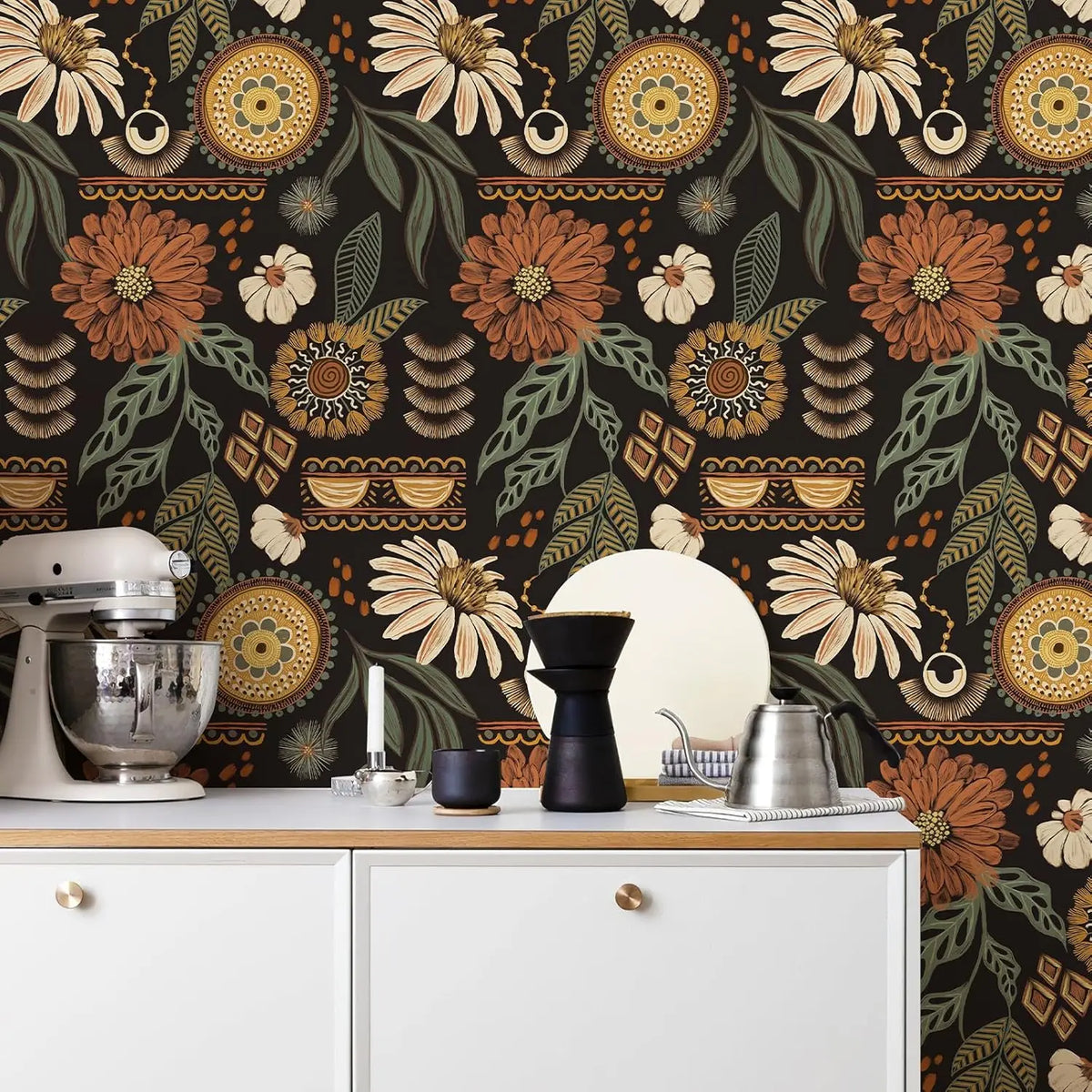 papier peint autocollant fleurs stylisées vintage ethnique résistant l'eau noir marron beige vert