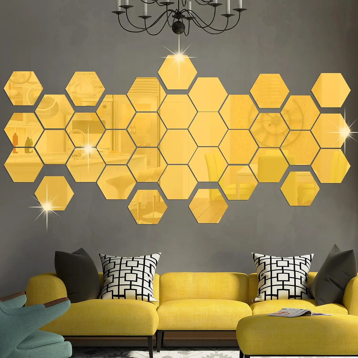 miroirs hexagonaux dorés modernes adhésifs 36 pièces brillants réfléchissants opaque chambre salon