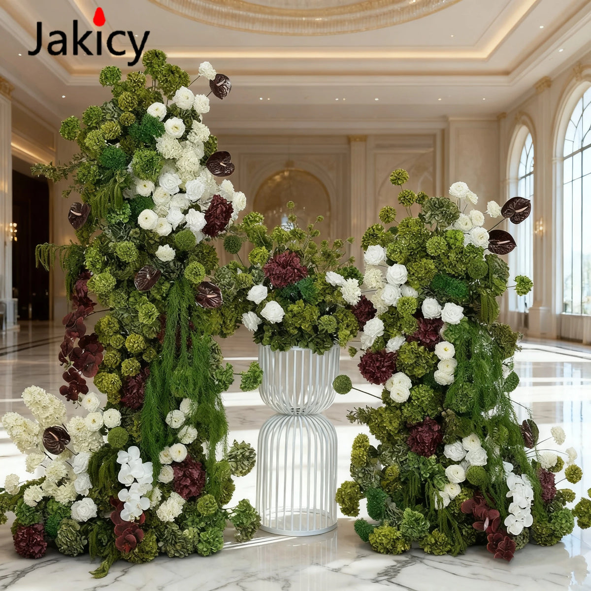 décoration florale mariage vert blanc bordeaux pompons hortensias orchidées extérieure élégante romantique champêtre