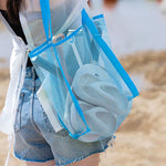 sac plage bleu clair vert clair rose jaune fluo maille réutilisable respectueux environnement pliable