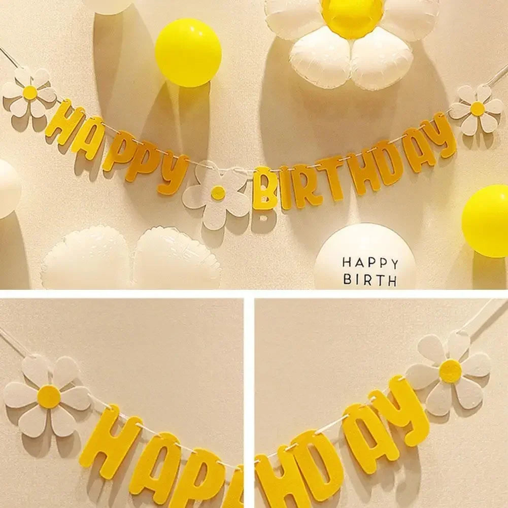 guirlande fête happy birthday fleurs blanches jaunes decoration anniversaire blanc opacité festive