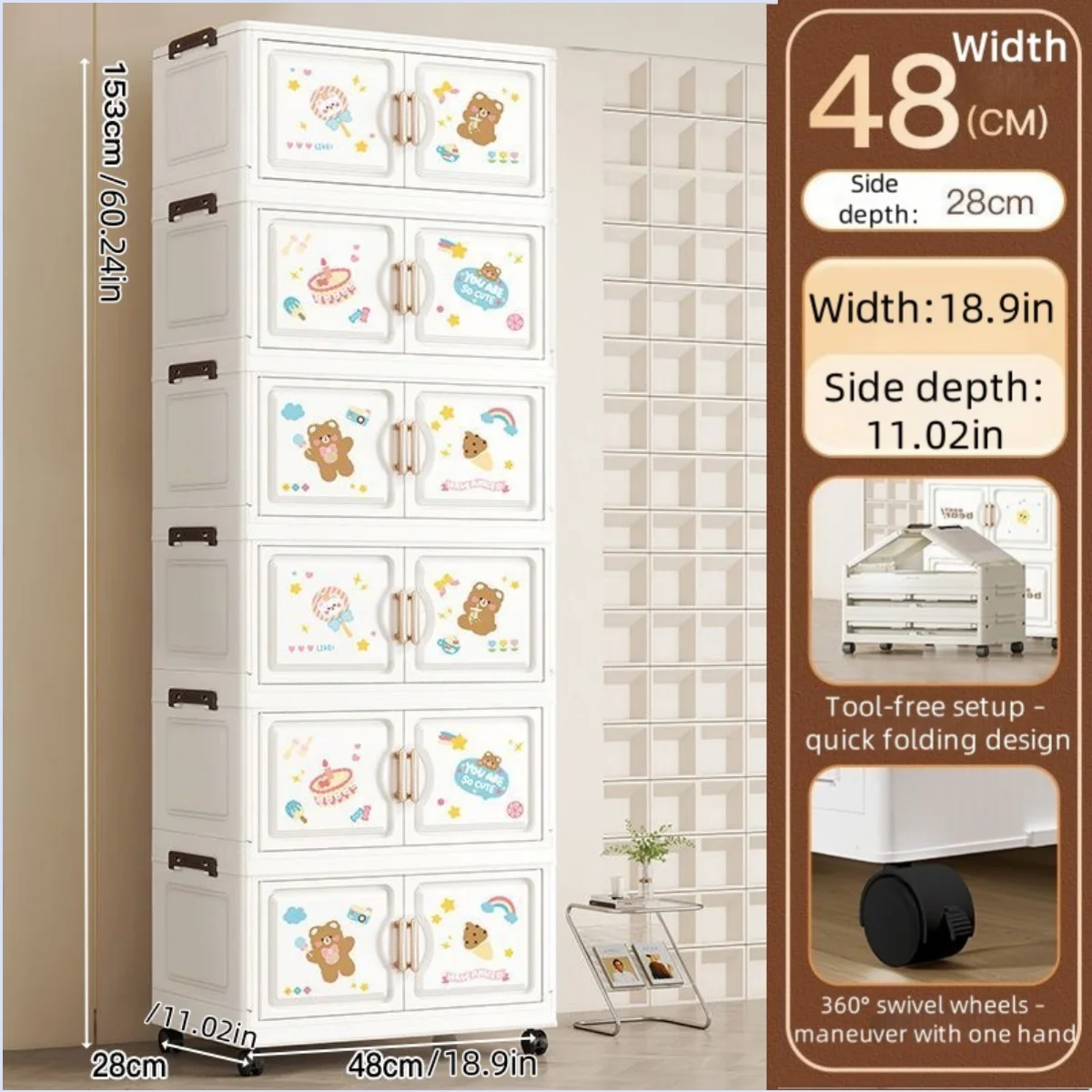 organisateur vêtements armoire tiroirs dessins animés ours lapins moderne blanc roulettes pliable chambre salon