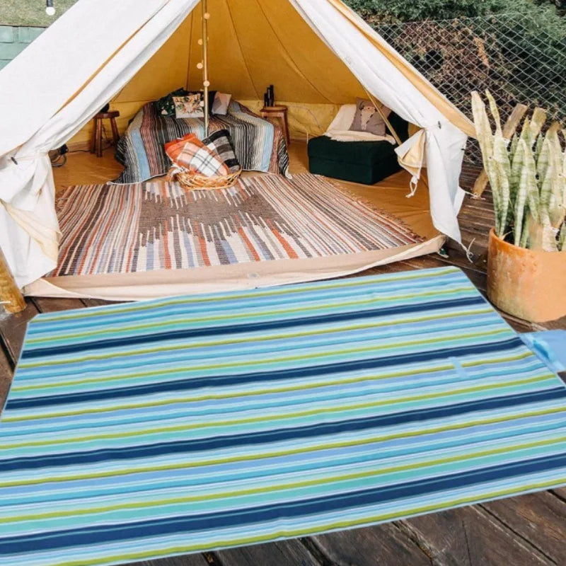 tapis pique nique imperméable anti sable rayures bleu moderne pratique sac transport plage camping