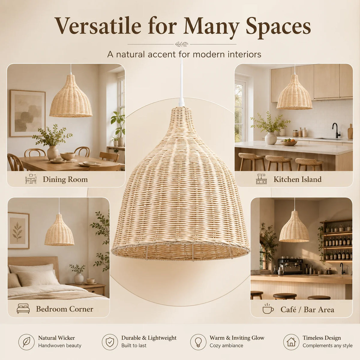suspension tressée bambou moderne cordon beige clair 3000k 6000k 26cm 35cm 45cm
