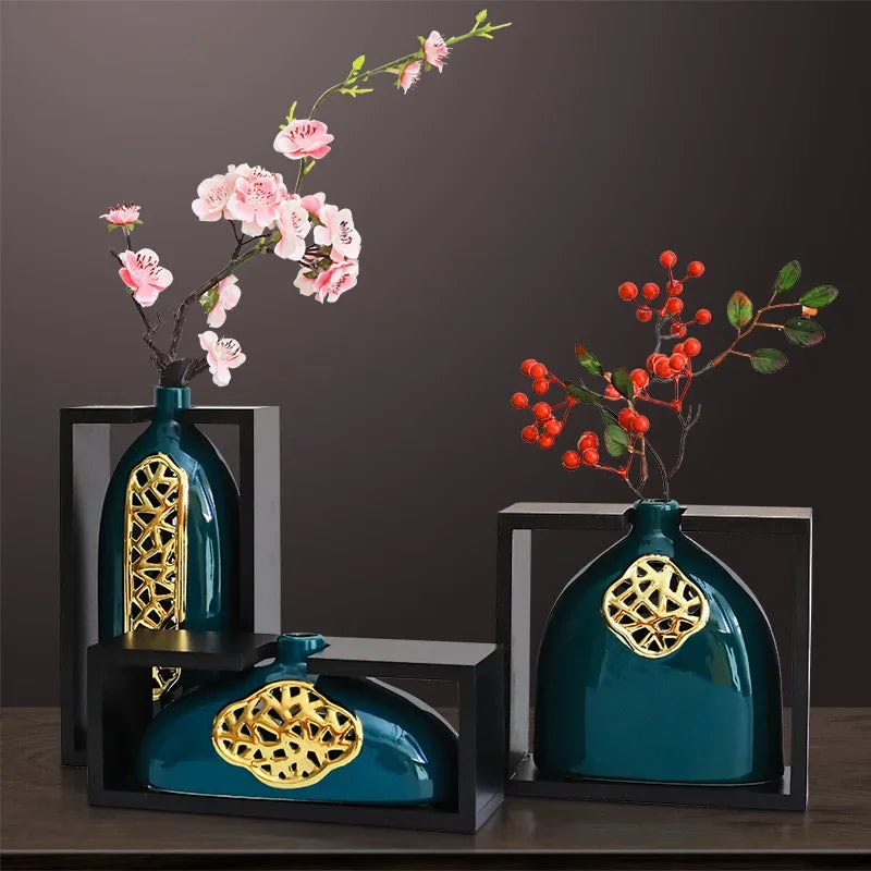 vases decoratifs fleurs artificielles bois motif doré vert foncé moderne transparence opaque