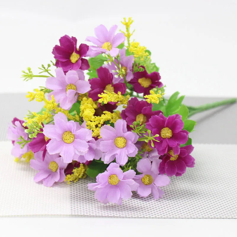 bouquet artificiel violet blanc jaune rouge bleu fleurs soie feuilles vertes moderne décoration maison