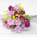 bouquet artificiel violet blanc jaune rouge bleu fleurs soie feuilles vertes moderne décoration maison