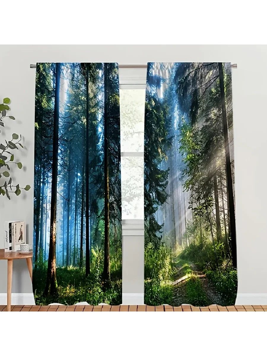 rideau imprimé forêt moderne bleu vert 100 polyester fenêtre 60x150cm x2