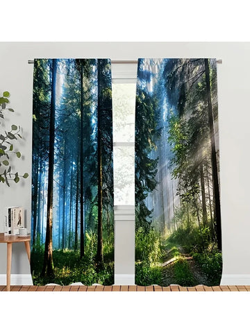 rideau imprimé forêt moderne bleu vert 100 polyester fenêtre 60x150cm x2