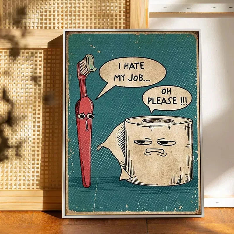 affiche humoristique brosse dents papier toilette salle bains toile imprimée vintage cadre bois chambre