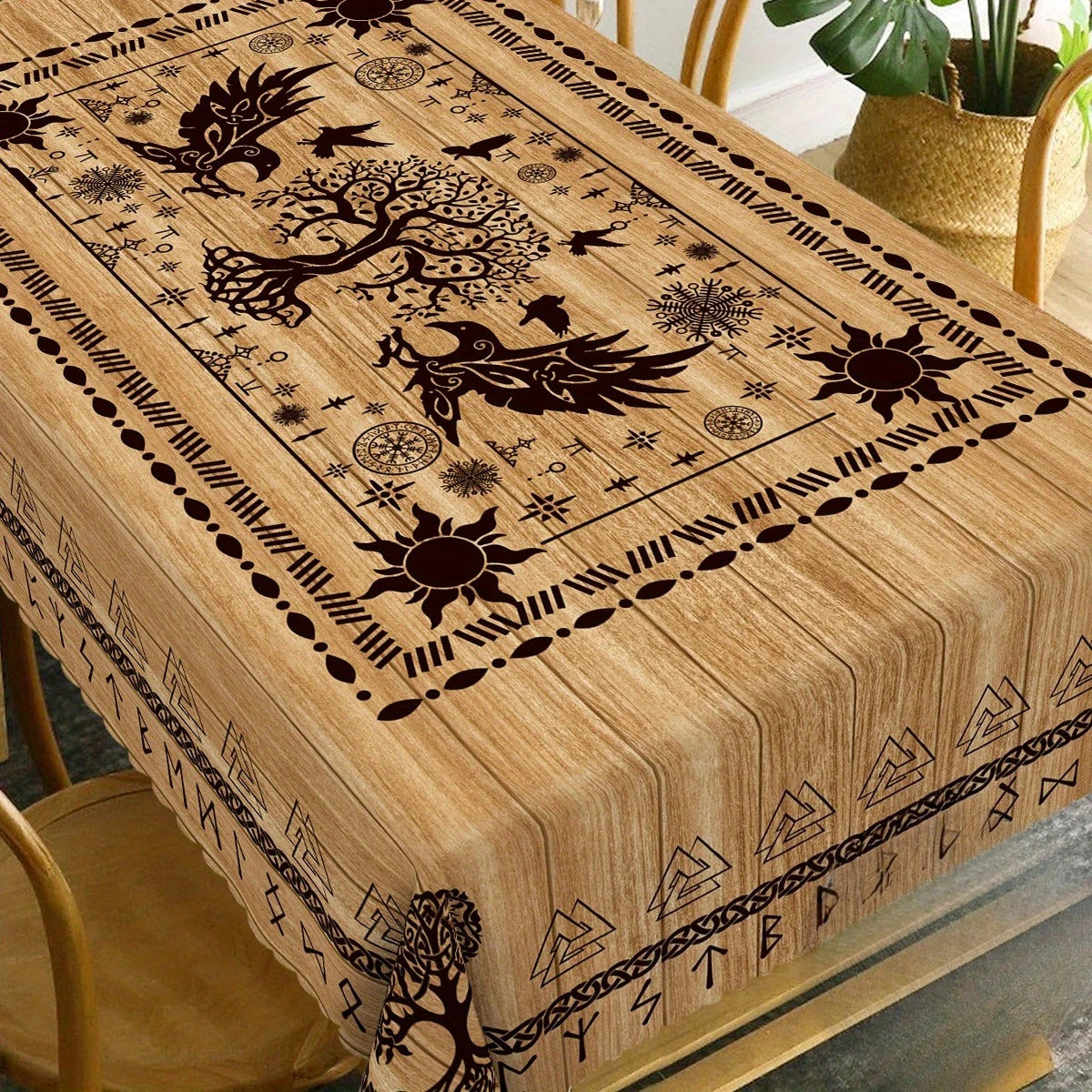 nappe viking arbre vie oiseaux runes beige noire moderne rectangle polyester réutilisable table cuisine