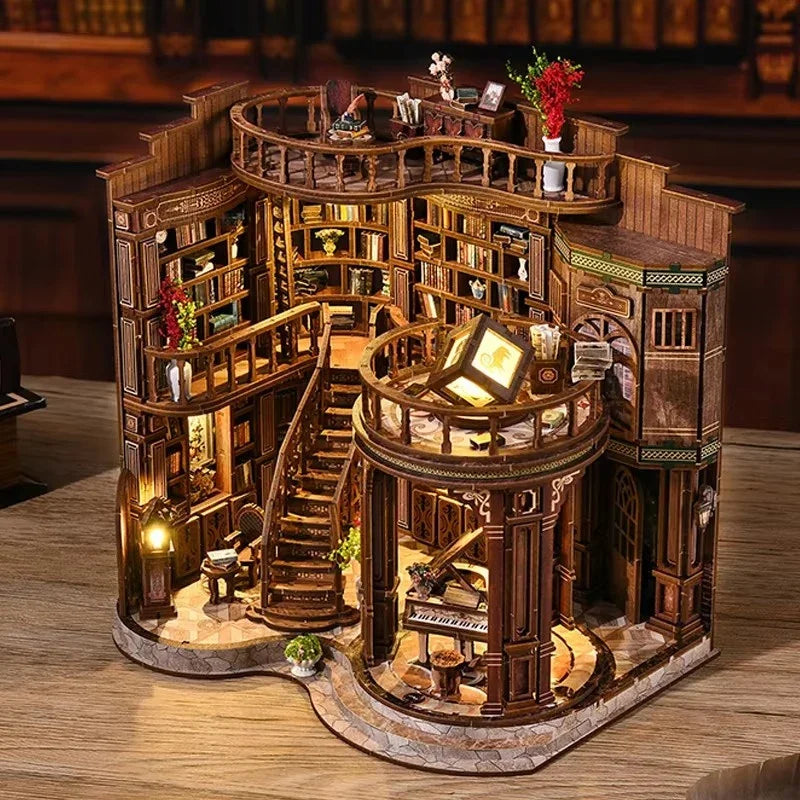 miniature bibliothèque bois vintage livres vases fleur lampe fauteuil escalier