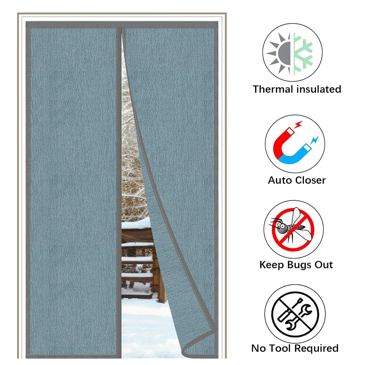 rideau porte bleu clair texture tissée moderne adhésif ruban clips isolation hiver