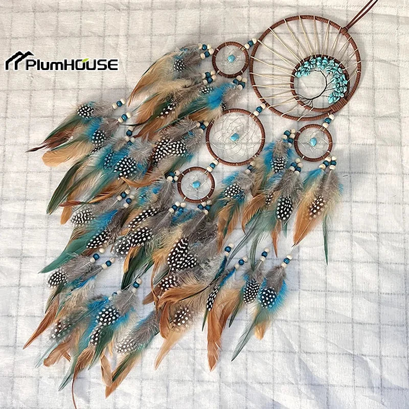 attrape rêves ethnique attrape rêves boho chic plumes fil raphia marron bleu blanc