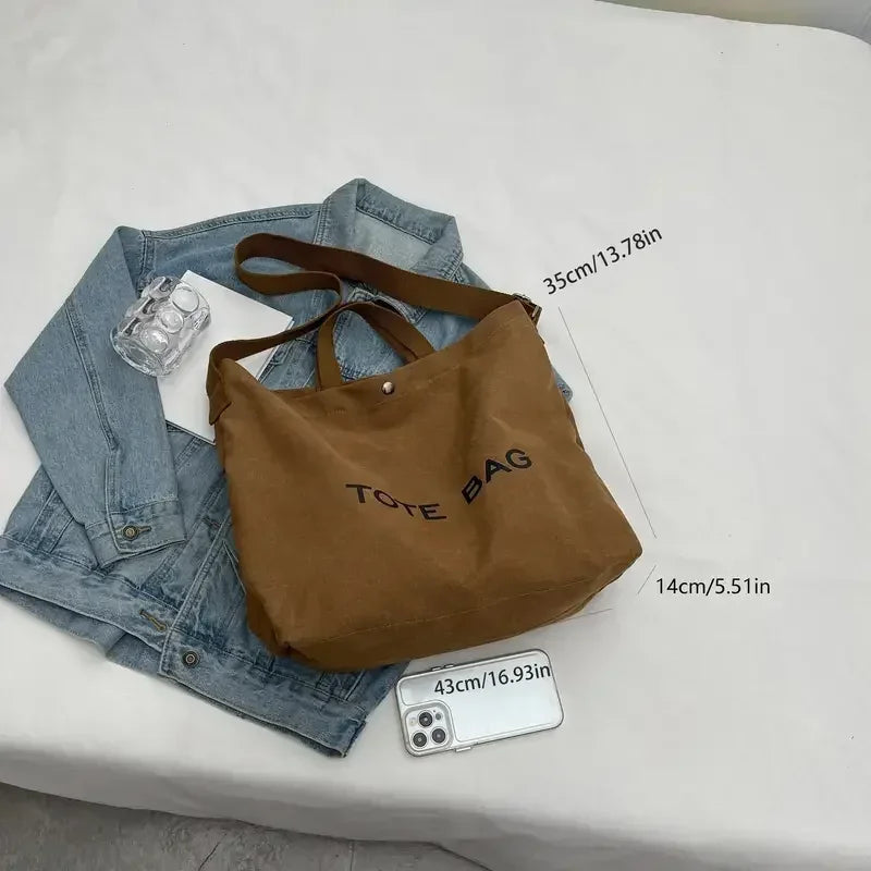 sac fourre tout toile douce lettres décontracté poche zippée beige matériau canvas casual étudiant