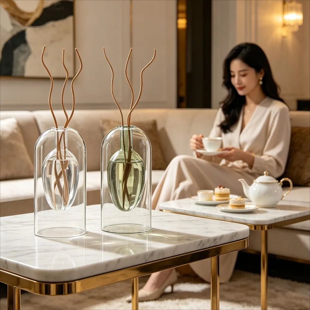 vase verre transparent moderne bouteille diffuseur parfum aromathérapie décoration salon minimaliste