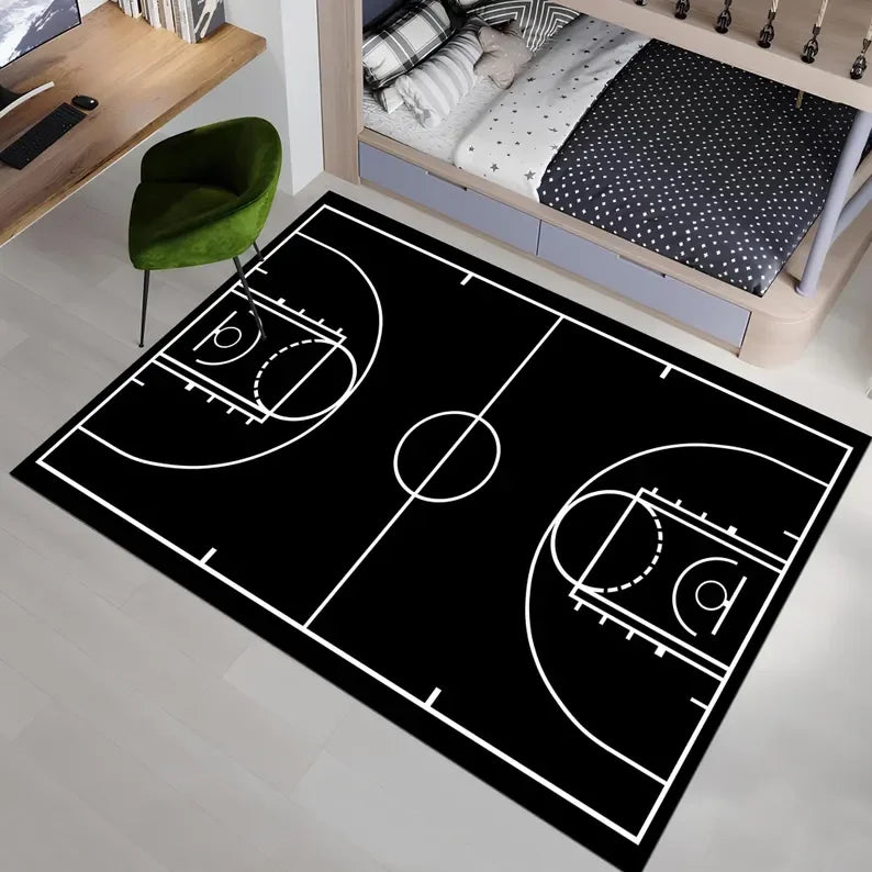 tapis moderne basket noir blanc motifs parquet sportif extérieur salon chambre bleu violet rouge