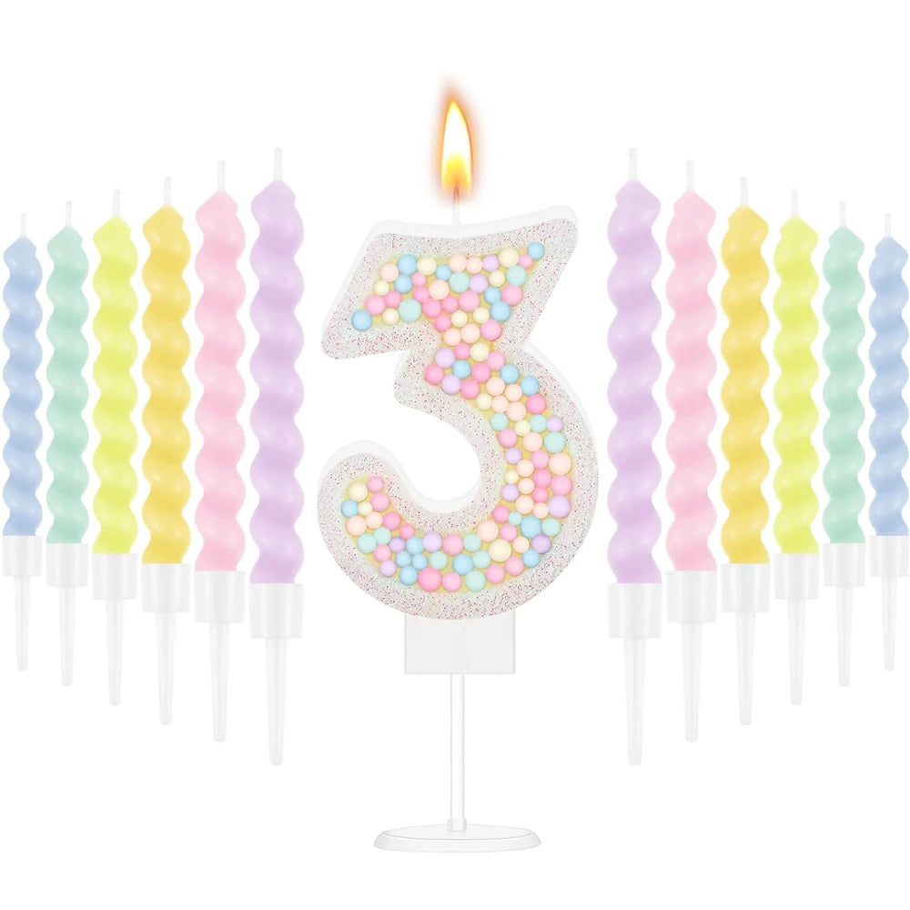 bougies anniversaire numérotées colorées spirales métalliques sucrées décoratives violet rose vert jaune blanc