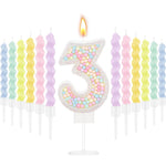 bougies anniversaire numérotées colorées spirales métalliques sucrées décoratives violet rose vert jaune blanc