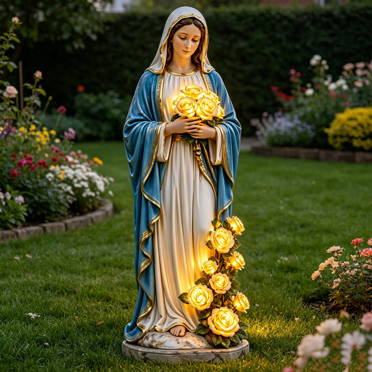 statue vierge marie résine illuminée roses blanc bleu doré extérieur intérieur religieuse classique