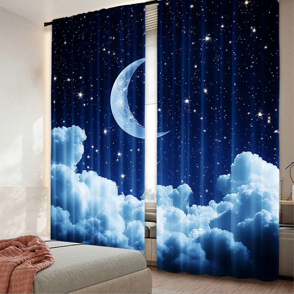 rideau nuages lune étoiles bleu foncé blanc moderne opacité pièces polyester 130x210cm